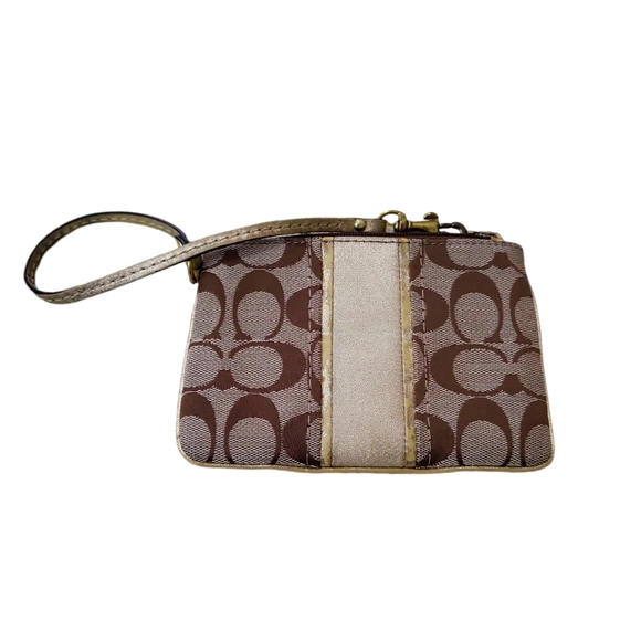 Coach signature mini gold brown Wristlet Wallet authentic canvas - Picture 1 of 7